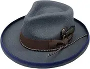 [howkuhat] Wool Fedora Felt Panama Hat for Men Women Cowboy Derby Hat Feather Bow Wide Brim Adjustable for Formal Event Party Blue, Blue, One size