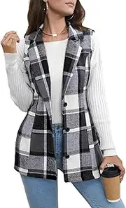[DSAoTeng] Women Lapel Collar Medium Length Sleeveless Plaid Jackets-With Pockets Casual Checkered Blazer Vest Coat Fall Winter Outerwear