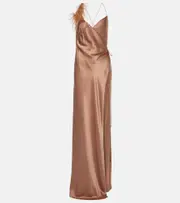 [The Sei] The Sei Feather-trimmed silk satin wrap dress AU 6 beige