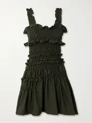 [Cecilie Bahnsen] Cecilie Bahnsen - Oona Shirred Ruffled Taffeta Mini Dress - Forest green - UK 10 UK 10 Green