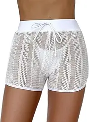[Leoparts] Women's Hollow Out Cover Up Shorts High Waisted Semi Sheer Tie Front Cover Up Bottoms (Panty not Included)