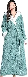 [BURLOE] Women's Flannel Sleepwear Robe Soft Hooded Nightgown Nightwear Thick Flannel Dressing Gown Fluffy Shawl Collar Long Bathrobe Belted Full Length Pyjamas with Pockets (green,Large)