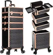 [Arous] Rolling Makeup Train Case 4 in 1 Cosmetology Case on Wheels Large Storage Cosmetic Trolley with Key Salon Barber Case Traveling Cart Trunk, Black&Gold