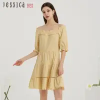 在飛比找momo購物網優惠-【Jessica Red】甜美方領一字肩細格紋泡泡袖洋裝82