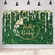 Hello Baby Background for Baby Shower Green Leaves Gender Neutral Children Photography Background Newborn Party Decoration Banner Shooting Prop 150 cm x 90 cm