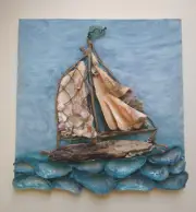 Driftwood and Seashell Sailboat on Painted Canvas Panel Coastal Wall Hanging