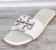 New Tory Burch INES Flat Leather Double T Sport Slides Sandals Size 5 GARDENIA
