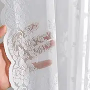 Kotile White Lace Curtains 36 Inch Length 2 Panels Set, Country Rustic Floral Short Lace Kitchen Curtains Over Blinds, Rod Pocket Privacy Sheer Lace Café Curtains for Small Windows, Each 52 x 36 Inch