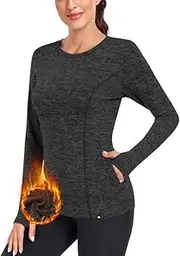 [Soneven] Women's Thermal Fleece Running Shirt with Pockets Long Sleeve Workout Top with Thumb Holes Active Pullover Yoga Tops