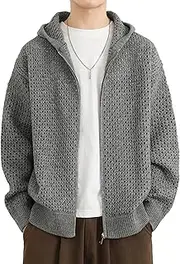 [DGHM-JLMY] Men's Hooded Zip Up Knitted Cardigan Lightweight Loose Casual Knit Coat Long Sleeve Sweater Outwear