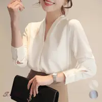 在飛比找momo購物網優惠-【SAS】韓版寬鬆長袖V領OL雪紡襯衫(2色可選 襯衫 雪紡
