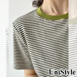 【UniStyle】條紋短袖T恤 韓版撞色圓領復古上衣 女 UP1625(花杏黑條紋)