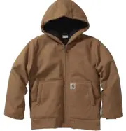 Carhartt Boys' Flannel-Lined Hooded Canvas Insulated Zip-up Jacket, Brown, 18 Yr