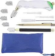 Tanstic 13Pcs Glass Cutting Tool Kit, Pistol Grip & Pencil Style Glass Cutter, 3 Sizes Cutter Heads(2-20mm), Tungsten Scribe Pen, Oil Dropper, Screwdriver with Blue Storage Bag for Glass Cutting