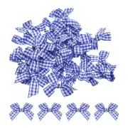 30Pcs Mini Gingham Ribbon Bow 1.5" Checkered Fabric Satin Dark Blue and White