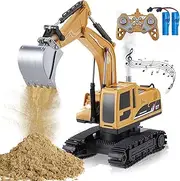 Remote Control Excavator Construction Toy for Boys, RC Excavator with 2 Batteries, Metal Shovel, Spray, Lights & Sounds, RC Digger Sandbox Vehicles Toys for Kids 3-12 Year Old
