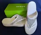 Crocs Women's 10 Monterey Diamante Oyster White Wedge Flip Flop New In Box