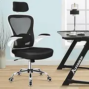 [ALFORDSON] Nobel White Black Mesh Gaming Chair with Adjustable Backrest for Executive Study Computer Desk, Ergonomic Office Chair with Adjustable Headrest & Flip-up Armrest, Max 180kg