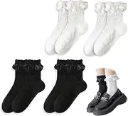 [Ynkkvre] 4 Pairs Women's Ruffle Socks, Soft White Black Lace Ankle Socks Love Heart Design Fashion Ladies Princess Ruffle Socks, Opaque Frilly Socks, Cotton Socks for Women Girls, White, One Size