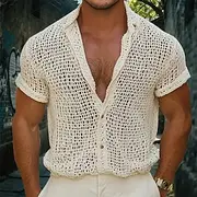 Men's Shirt Summer Shirt Casual Shirt Beach Shirt Button Up Shirt Beige Short Sleeve Plain Lapel Vacation Hawaiian Hole Clothing Apparel Polyester Fashion Casu