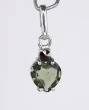 Faceted 8 mm Heart MOLDAVITE with Garnet Sterling Silver Pendant with COA