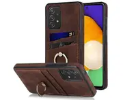 Full Protection Cover for Samsung Galaxy A52 5G, 2 Cards PU Leather Case with Ring Holder - Brown