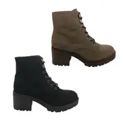 Ladies Shoes Bellissimo Charrise Chunky Ankle Boots MicroSuede Lace Zip Up