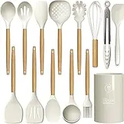 Silicone Cooking Utensils Set - 446°F Heat Resistant Silicone Kitchen Utensils for Cooking,Kitchen Utensil Spatula Set w Wooden Handles and Holder, BPA Free Gadgets for Non-Stick Cookware (Khaki)