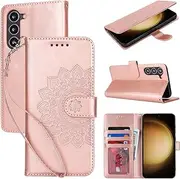 [Cavor] Wallet Case for Samsung Galaxy S23 Plus 6.6'' PU Leather Case Magnetic 3D Embossed Flower Women Flip Kickstand with Card Holder Wristlet Hand Strap Protective Cover-Flower Rose Gold