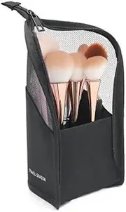 XUNQUCOM Stand-Up Makeup Brush Storage Organizer Bag, Waterproof Dust Free Travel Makeup Brush Holder (Black)