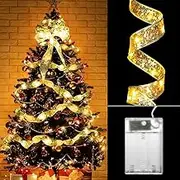 TheaPro 10M/32.8FT 100 LEDs Christmas Tree Decorations String Lights Battery Operated Copper Wire Ribbon Bows Lights for Party Weddings Holiday Christmas Tree Decorations (Gold)