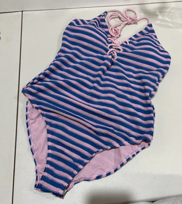 NWT juniors Size L (11-13) Blue&Pink One Piece Swimsuit. Halter Tie Top