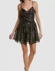$296 Aidan Mattox Women's Black Pleated Metallic-Cocktail Dress Size 10
