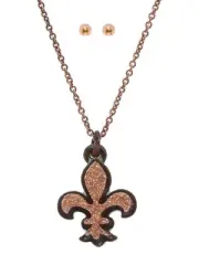 Patina and Rose Gold Colored Druzy Necklace and Stud Earring Set Fluer De Lis