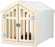 LOOBMBNS Dog House Indoor for Small Dogs & Medium Dogs 30”Lx21”Wx24”H, Wooden Board & Oxford Fabric & Felt Mat, Lockable Door, Easy Assembly, Wooden Color