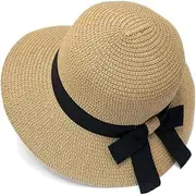 [Cauplse] Womens UV Protection Sun Beach Hats with Bow Sun Hat UPF 50+ Classic Wide Brim Straw Hats Packable Floppy Sun Hats Ladies Outdoor Straw Sun Hat for Travel, Seaside, Beach, Khaki