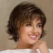 Brown with Blonde Highlight Wavy Short Pixie Wigs for White Women Natural Looking Synthetic Wig with Bangs Layered Short Haircuts for Daily Party (8inch, Brown with Blonde Highlight)