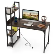 Costway 120 CM Computer Desk w/Power Strip Study Writing Desk PC Desk Workstation Brown