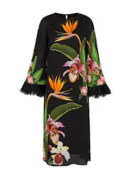 Borgo DE Nor Seraphina Printed Feather-trimmed Midi Dress - Black - 12 (UK 12 / M) 12 (UK 12 / M)