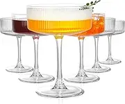 Vintage Ribbed Coupe Glasses Set of 6-11oz Clear 100% Crystal Martini Glasses Elegant Cocktail Glasses, Transparent Glassware for Champagne, Margaritas, Espresso comes with a Rose Ice Mold.