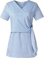 [Generic] Maternity Yoga with Pockets Women Maternity Summer Short Sleeve T Shirt for Breastfeeding Pregnancy Striped Printed V Neck Tops Blouse Pregnancy Compression Top
