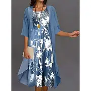 Women's Graduation Dress Midi Dress Chiffon Dress Shift Dress Elegant Party Formal Vacation Wedding Guest Loose Fit Floral Half Sleeve Crew Neck Blue Summer Sp