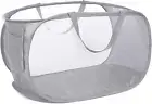 Collapsible Mesh Laundry Basket, Foldable Hamper with Side Pocket, Grey