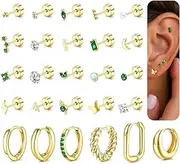 [FEYIR] 26 Pcs Flat Back Earrings for Women Hypoallergenic Tiny Gold Earring Sets for Multiple Piercing Stainless Steel CZ Earring Stacks Flatback Stud Small Hoop Earrings, Stainless Steel Brass, Cubic