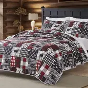 Cabin Quilt Set Queen, Christmas Rustic Coverlet Bed Set, Red