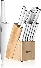 hecef 15 PCS White Kitchen Knife Set with Wooden Block, Stainless Steel Ultra Sharp Kitchen Knife Set with 6 PCS Steak Knives, Meat Scissors, Sharpener Steel