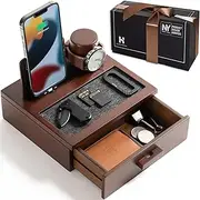 Nightstand Organizer for Men - Wood Phone Docking Station to Charge Your Phone and Organize Your Watch & Accessories - Wood Charging Station with Lined Tray & Drawer - Mens Docking Station Organizer