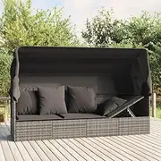 Outdoor Lounge Bed, Garden Day Bed Sun Lounger Chaise Lounge Outdoor Lounge Bed with Roof and Cushions Grey Poly Rattan