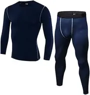 [Abigprofit] Men's Compression Sportswear Sport Suit Autumn Winter Warm 2 Piece Rashguard Thermal Compression Navy Blue M