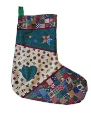 Christmas Stocking Patchwork Pattern Cotton Green Lining 16" L, 7.5" Tp, 12" Ft